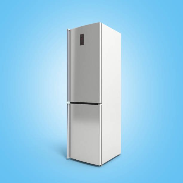 istock Stainless steel modern open refrigerator on grey 3d illustration 654160270