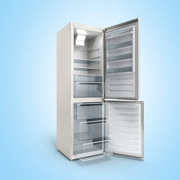 istock Stainless steel modern open refrigerator on grey 3d illustration 654160510