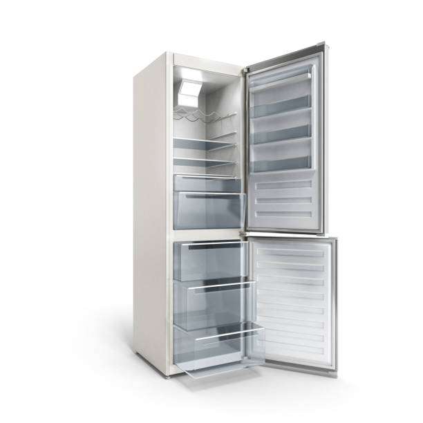 istock Stainless steel modern open refrigerator on grey 3d illustration 654161180