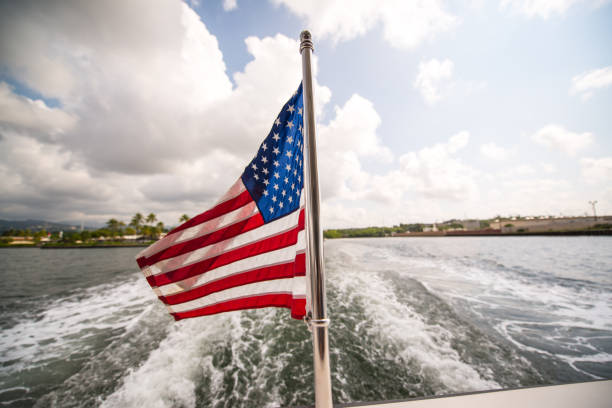 American flag on a ferry, Hawaii, USA