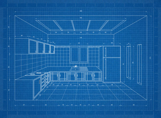 plano de cocina, perspectivas 3d - blueprint plan house home improvement fotografías e imágenes de stock