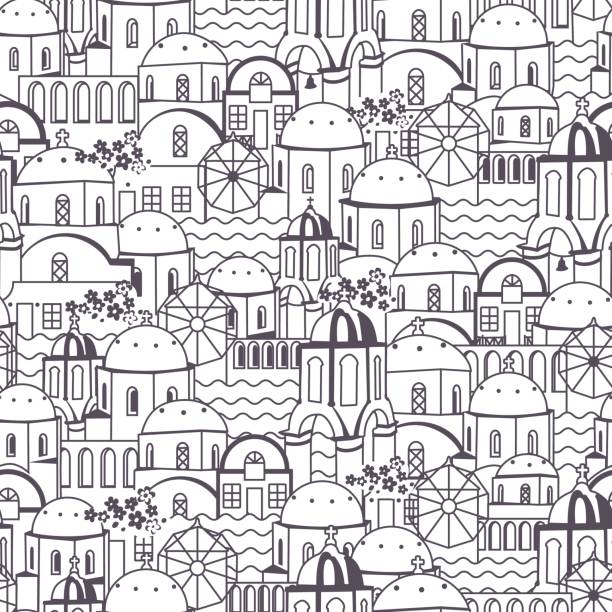 ilustrações, clipart, desenhos animados e ícones de paisagem urbana de vila de oia ver os padrão sem emenda. ilha de santorini, na grécia. preto + branco - cupola