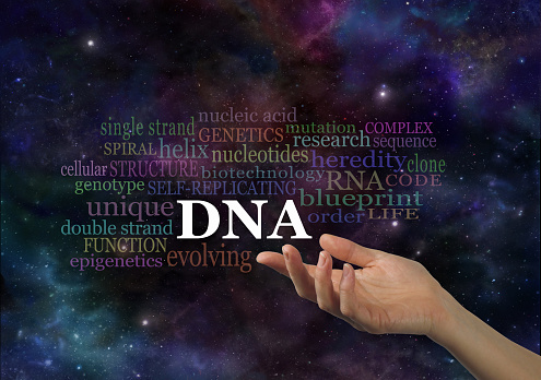 Female hand with the acronym DNA floating above surrounded by a relevant word cloud on a deep space night time background with copy space.