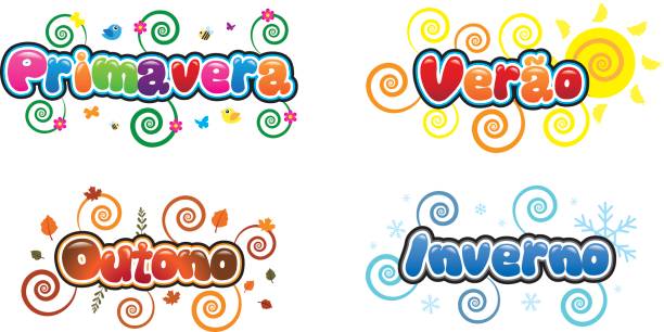 Seasons of the year bright font primavera, verao, outono e inverno in bright, fun and bubble writing portugues stock illustrations