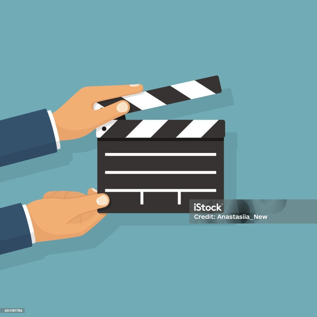 Movie clapper board hold in hand Movie clapper board hold in hand man. Isolated on background. Open clapperboard. Cinematography concept. Template for the director's instructions, the producer. Vector illustration flat design. Film Slate stock vector