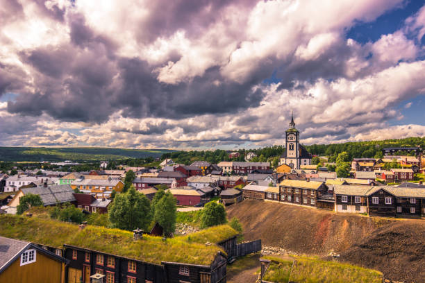 July 27, 2015: Panorama of the town of Roros, Norway July 27, 2015: Panorama of the town of Roros, Norway roros mining city stock pictures, royalty-free photos & images