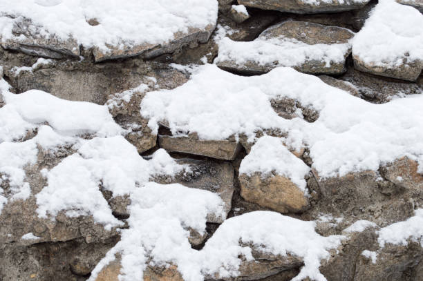 istock Stones with snow winter background 654186056