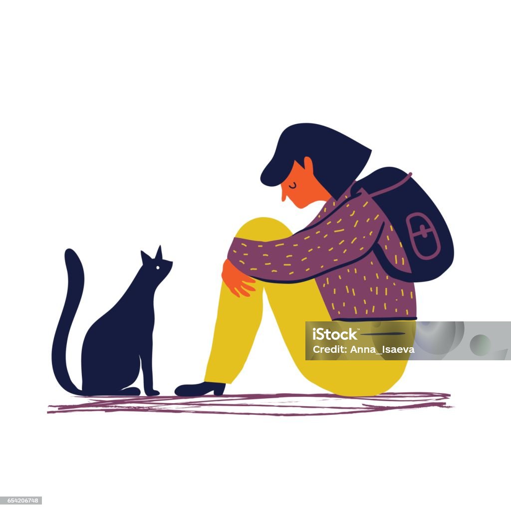 sad girl Sad and depressed girl  sitting on the floor with her cat. Creative vector illustration. Child stock vector