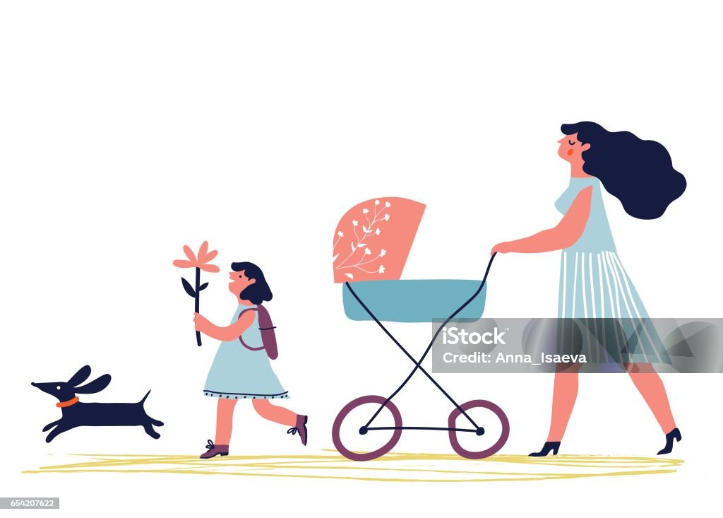 mother walking with children Mother with baby in stroller. Young mother with baby carriage walking with dog and child. Creative vector illustration. Mother stock vector