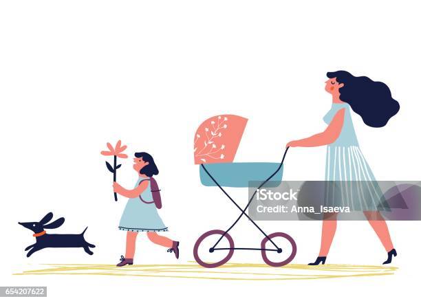 Mother Walking With Children Stock Illustration - Download Image Now - Mother, Baby Stroller, Dog