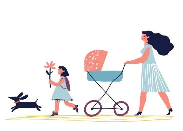 Vector illustration of mother walking with children