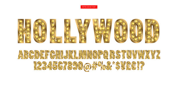 hollywood. kolor złoty alfabet z lampami pokazowymi. - disco gold carnival party stock illustrations