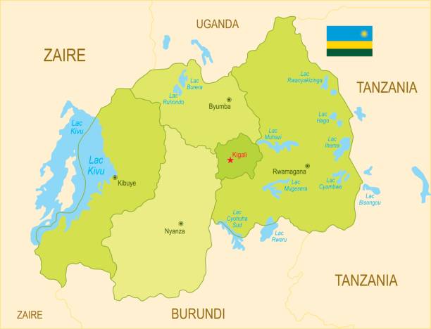 illustrazioni stock, clip art, cartoni animati e icone di tendenza di mappa piatta del ruanda con bandiera - ruanda