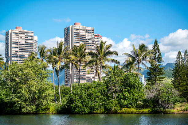 Residential district with  apartment buildings  in Honolulu, Oahu, Hawaii, USA