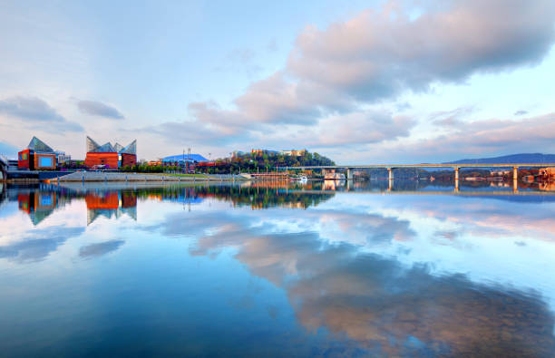 Downtown Chattanooga reflection on the Tennessee River. Chattanooga is the fourth-largest city in Tennessee and the seat of Hamilton County. Located in southeastern Tennessee.
