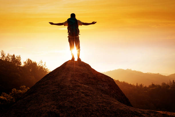 istock Man success standing at mountain peak 654230974