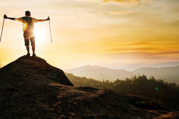 istock Man success standing at mountain peak 654231246