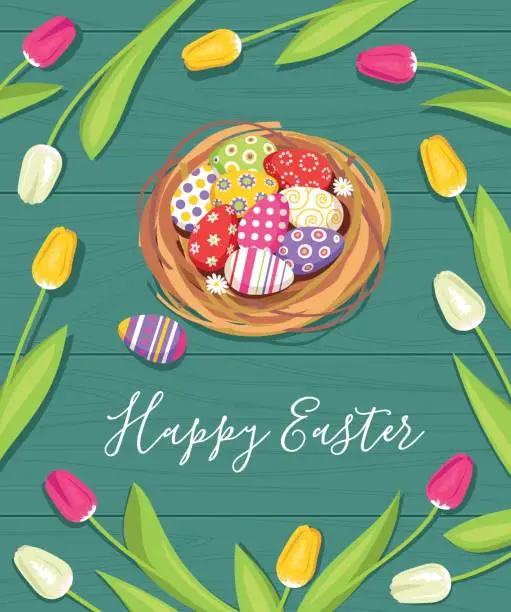 Vector illustration of Easter eggs on wood background