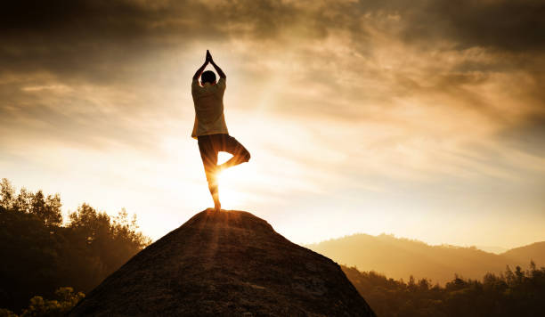 istock Asian man doing yoga on mountain peak 654235242