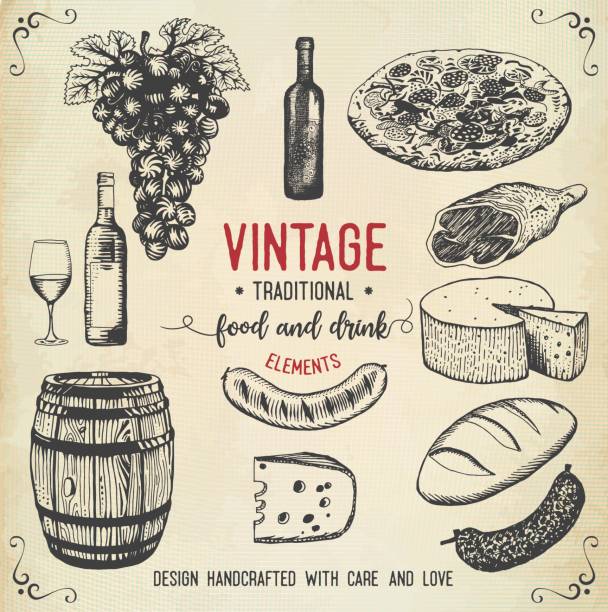 ilustrações de stock, clip art, desenhos animados e ícones de vintage food and drink icons - wine bottle illustrations