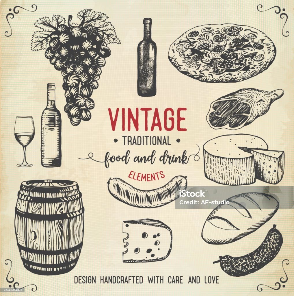 Vintage food and drink icons Layered illustration of old-fashioned food icons. Global colors used. Cheese stock vector
