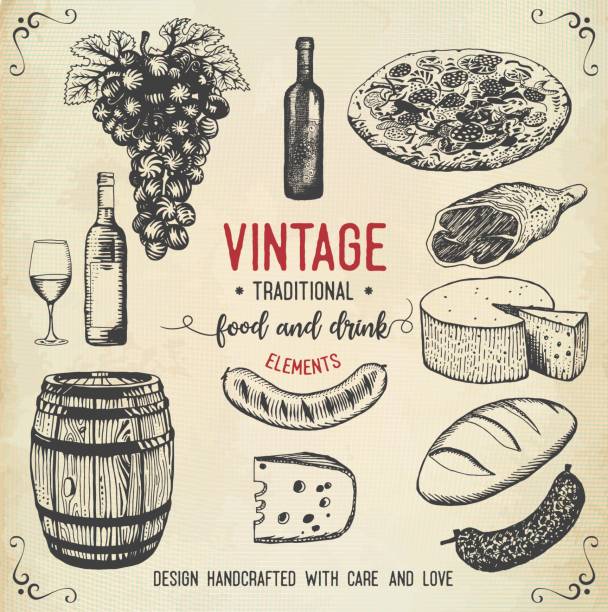Vintage food and drink icons Layered illustration of old-fashioned food icons. Global colors used. cheese drawings stock illustrations