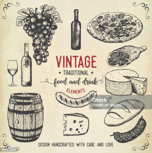 Vintage Food And Drink Icons Stock Illustration - Download Image Now - Cheese, Wine, Old-fashioned