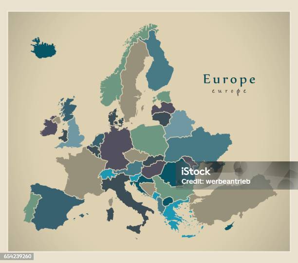 Ilustración de Mapa Moderno Europa Con Los Países Coloreados y más Vectores Libres de Derechos de Alemania - Alemania, Cartografía, Continente - Área geográfica