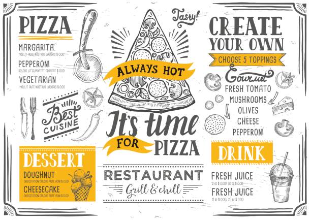 illustrations, cliparts, dessins animés et icônes de restaurant pizza du menu, modèle alimentaire. - old fashioned pizza label design element