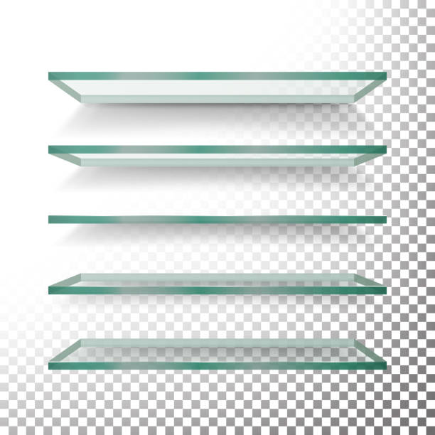 istock Empty Glass Shelves Template Vector Set. Realistic Transparent Blue Glass Shelves On Light Checkered Background 654248846