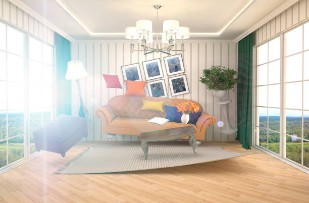 istock Zero Gravity furniture hovering in living room. 3D Illustration 654252074
