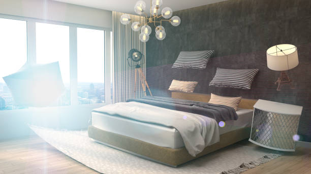 istock Zero Gravity furniture hovering in living room. 3D Illustration 654265128