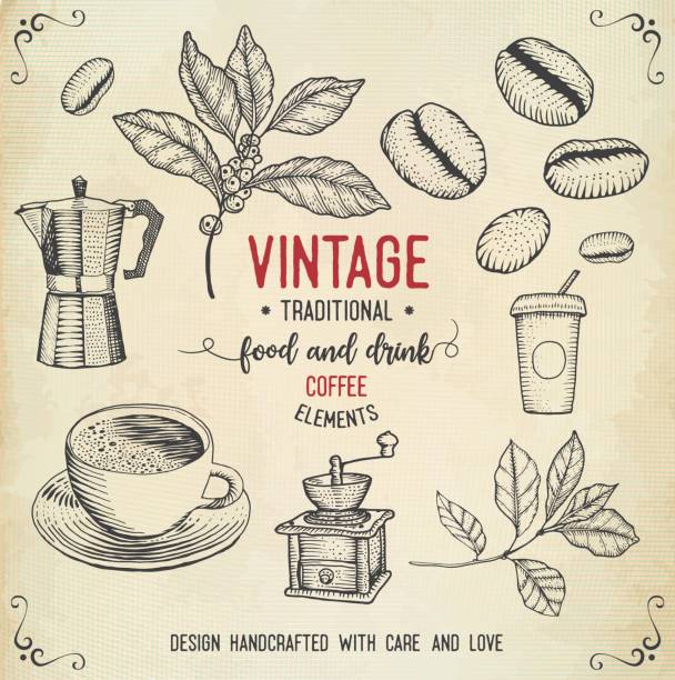 illustrations, cliparts, dessins animés et icônes de icônes vintage café - raw coffee bean