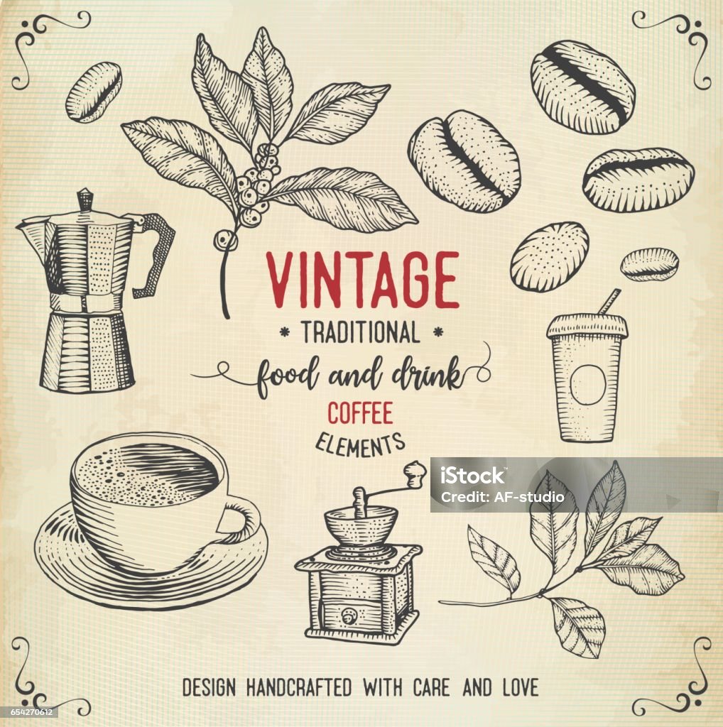 Vintage coffee icons Layered illustration of old-fashioned coffee icons. Global colors used. Coffee - Drink stock vector