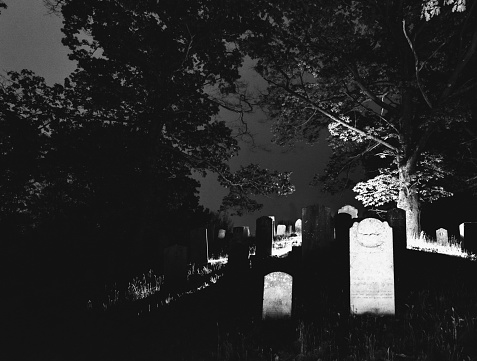Scary zombies with blood and wound on his body walking around on the grass field with a tombstone and moonlight. Halloween concept
