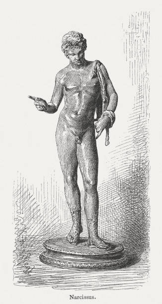 Narcissus, or Dionysus, ancient bronze statue, Naples, Italy, published 1884 Narcissus, or Dionysus. Wood engraving after an ancient bronze statue in the Naples National Archaeological Museum, Italy. Wood engraving from the book "Die Kunstschätze Italiens" by Carl von Lützow. Published by J. Engelhorn, Stuttgart in 1884. narcissus mythological character stock illustrations