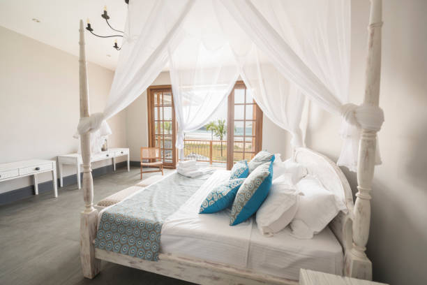 istock Double bed covered by netting and soft furnishing 654293800