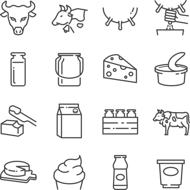 Dairy products line icons set Dairy products line icons set milking unit stock illustrations