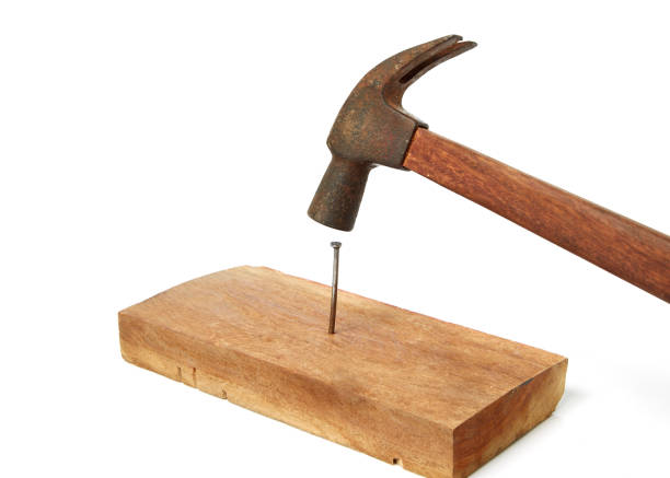 Hammer pounding a nail in a wooden board