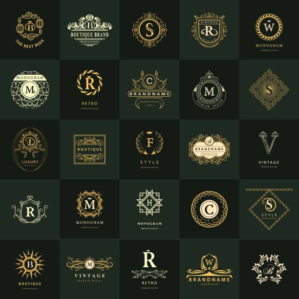 Vector illustration of Line graphics monogram. Vintage Logos Design Templates Set. Business sign Letter emblem. Vector  elements idea, Icons Symbols, Retro Labels, Badges, Silhouettes. Collection 25 Items.
