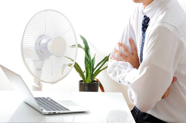 istock Businessman using laptop next to the fan in Japanese 654317352