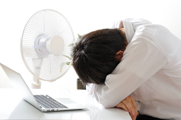 istock Businessman using laptop next to the fan in Japanese 654317442