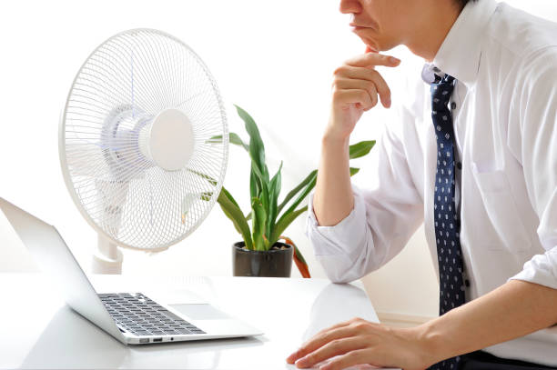 istock Businessman using laptop next to the fan in Japanese 654317650