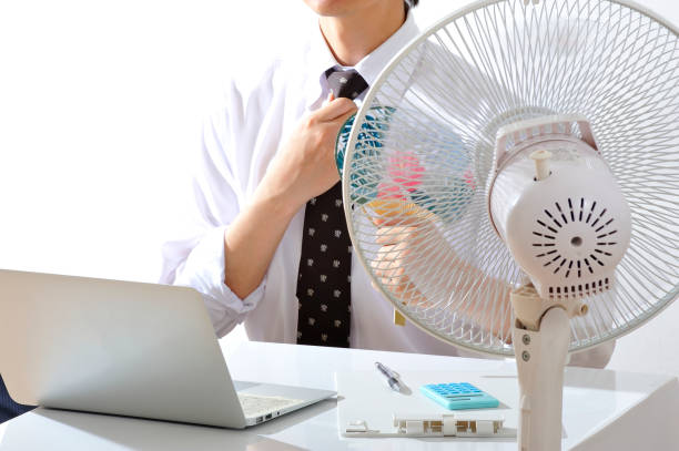 istock Businessman using laptop next to the fan in Japanese 654317828