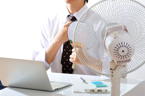 istock Businessman using laptop next to the fan in Japanese 654317838