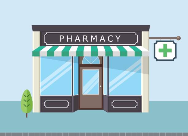Front pharmacy store Facade of pharmacy store in  urban space pharmacy store stock illustrations