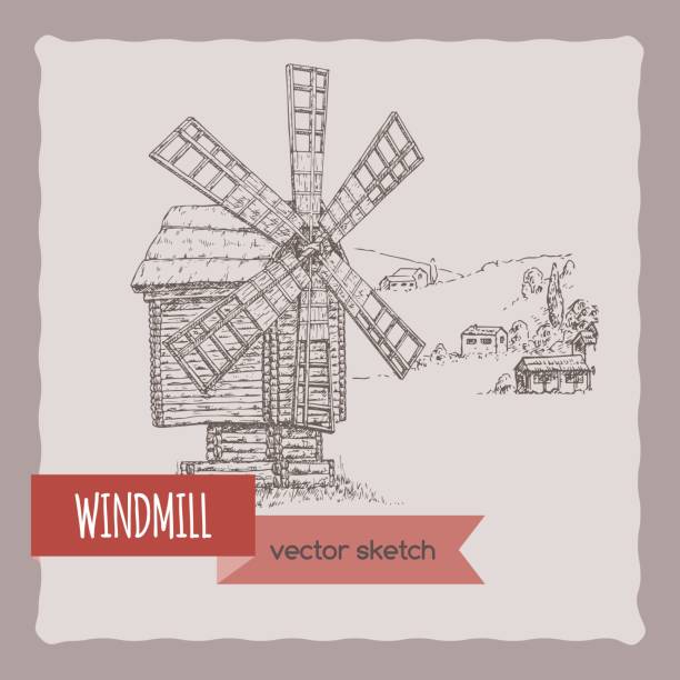 hölzerne windmühle und hügel landschaft hand gezeichnete vektor skizze. - altes backhaus dorf stock-grafiken, -clipart, -cartoons und -symbole