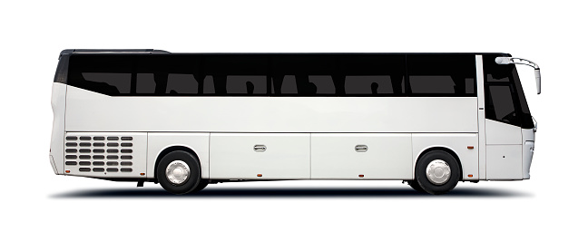 White tour bus side view isolated on white