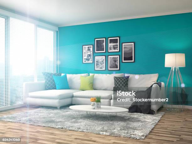 Interior With Sofa 3d Illustration Stock Photo - Download Image Now - Living Room, Apartment, Armchair
