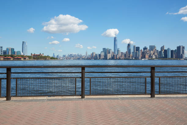 istock New York city skyline view from empty dock terrace, blue sky 654341624